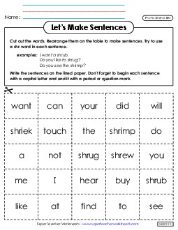 Let\'s Make Sentences (Shr-) Phonics Blends Worksheet