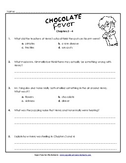 Questions for Chapters 3-4 Book Chocolate Fever Worksheet