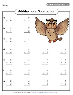 Addition and Subtraction: Single-Digit Mixed Addition Subtraction Worksheet