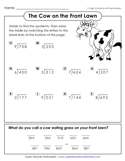 Math Riddle: Cow on the Front Lawn (w/ Remainders) Division Worksheet