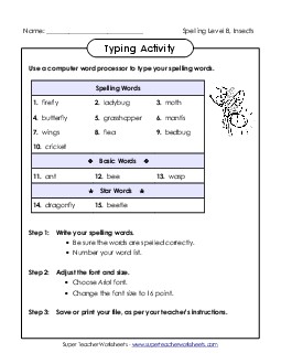 Typing Activity (B-Insect Words) Spelling B Worksheet