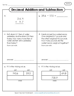 Variety Worksheet: Decimal Addition and Subtraction (Tenths) Decimals Worksheet