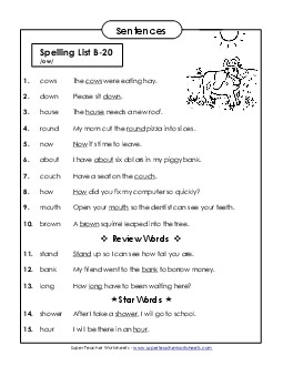 Spelling Test Sentences (B-20) Spelling B Worksheet