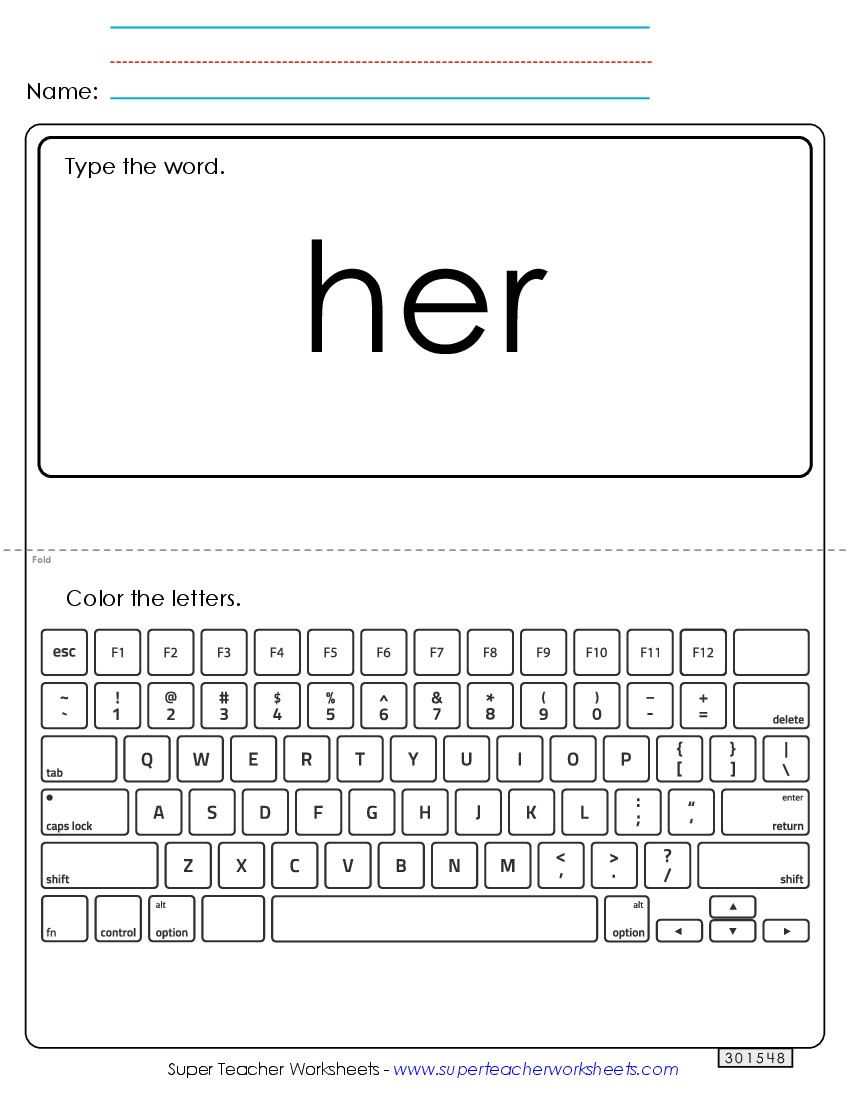 Type the Word: Her Sight Words Individual Worksheet