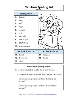 Spelling List (B-Christmas)  Free Spelling B Worksheet