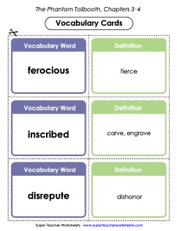 Vocabulary Cards for Chapters 3-4 Books Worksheet