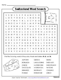 Switzerland Word Search Worksheet