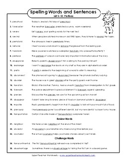 Spelling Test Sentences (E-12)  Spelling E Worksheet