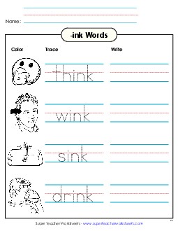 Trace and Write (-ink) Word Families Worksheet