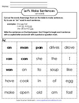 Make Sentences: Word Cards (-an) Word Families Worksheet