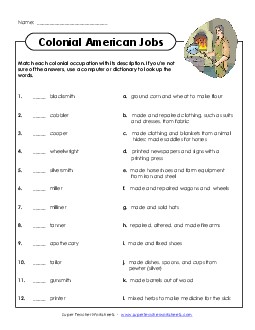 Matching Activity: Colonial American Jobs Free 4th Grade Social Studies Worksheet