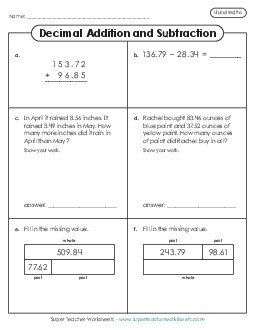 Variety Worksheet: Decimal Addition and Subtraction (Hundredths) Decimals Worksheet