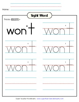 Trace the Word: Won\'t Sight Words Individual Worksheet