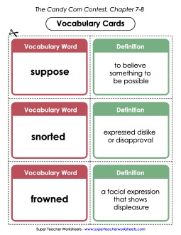 Vocabulary Cards for Chapters 7-8 Book Candy Corn Contest Worksheet