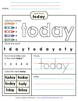 Worksheet 4: Today Sight Words Individual Worksheet