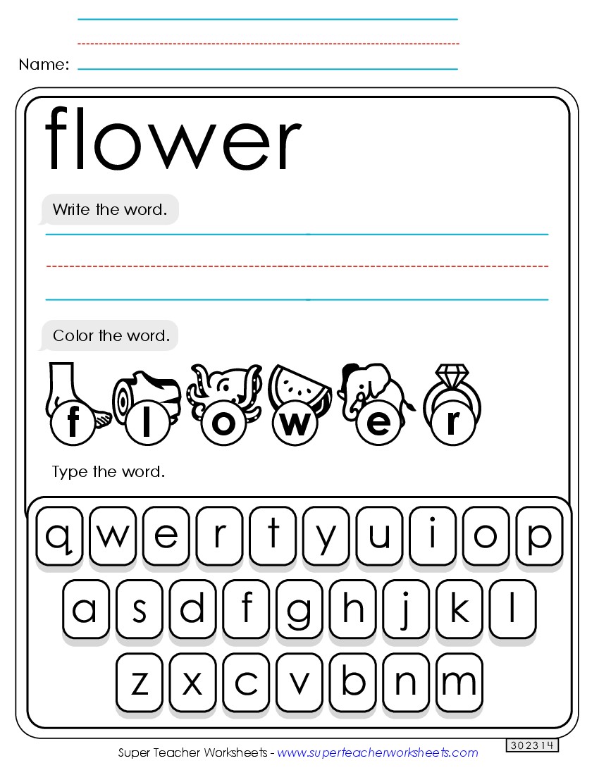 Write, Color, Type: Flower Sight Words Individual Worksheet