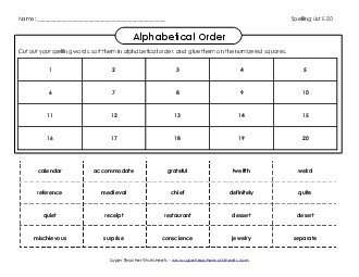 ABC Order: Cut-and-Glue (E-30) Spelling E Worksheet