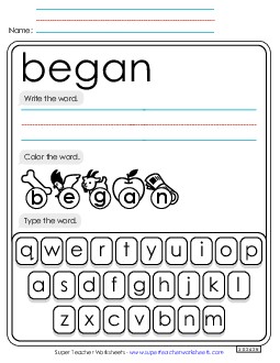 Write, Color, Type: Began Sight Words Individual Worksheet