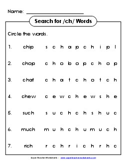 Horizontal Word Hunt: ch Phonics Worksheet