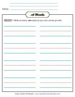 Brainstorm and Write (-et) Word Families Worksheet