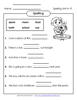 Complete the Sentences (A-19) Spelling A Worksheet