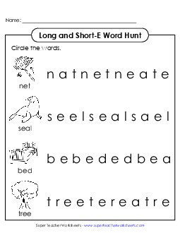 Long and Short E: Horizontal Word Hunt Phonics Long Short E Worksheet