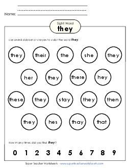 Dab or Color: They Sight Words Individual Worksheet