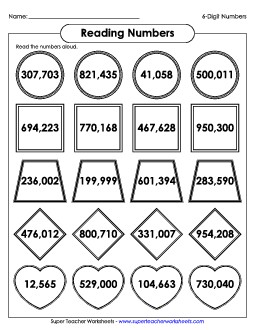 Reading 6-Digit Numbers Place Value Worksheet