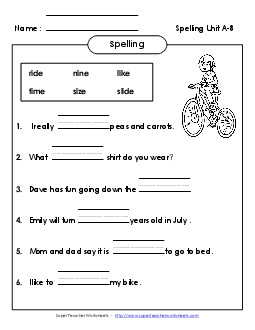 Complete the Sentences (A-8) Spelling A Worksheet