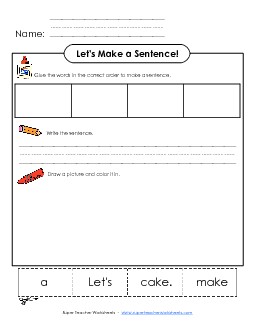 Build-a-Sentence: Let\'s Make a Cake Phonics Silent E Worksheet