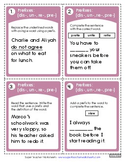 Prefixes Task Cards 4th Grade ELA Worksheet