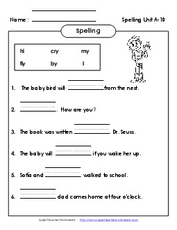 Complete the Sentences (A-10) Spelling A Worksheet