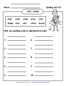 ABC Order: Write List (A-25) Spelling A Worksheet