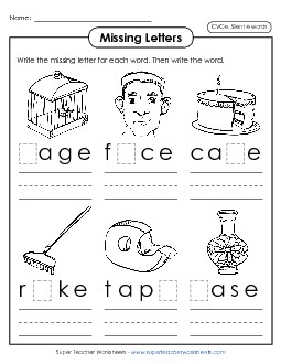 Missing Letters 1 (Silent E) Phonics Silent E Worksheet