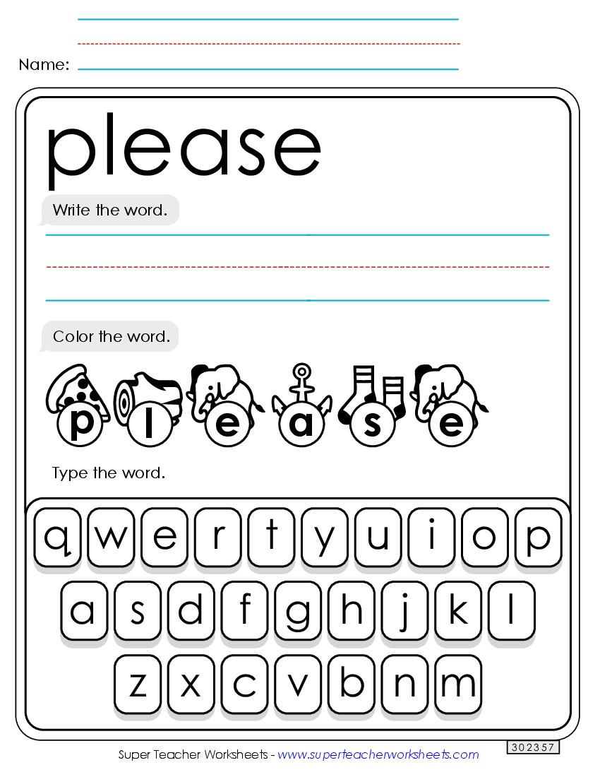 Write, Color, Type: Please Sight Words Individual Worksheet