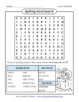 Word Search Puzzle (B-Christmas)  Spelling B Worksheet