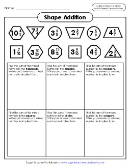 Shape Math (Mixed Numbers; Unlike Denominators) Mixed Addition Subtraction Worksheet