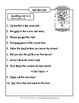 Spelling Test Sentences (A-2) Free Spelling A Worksheet