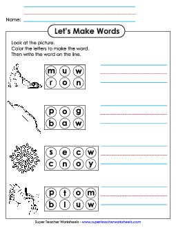 Color the Letters & Write (-ow) Word Families Worksheet