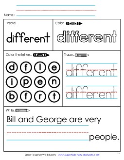 Worksheet 1: Different Sight Words Individual Worksheet