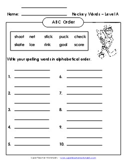 ABC Order: Full List (A-Hockey Words)  Spelling A Worksheet