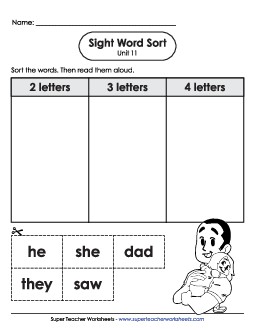 Sight Word Sort (Unit 11) Sight Words Worksheet