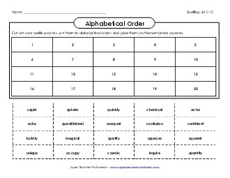 ABC Order: Cut-Paste (E-15) Spelling E Worksheet