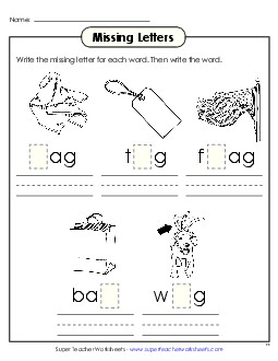 Missing Letters (-ag) Word Families Worksheet