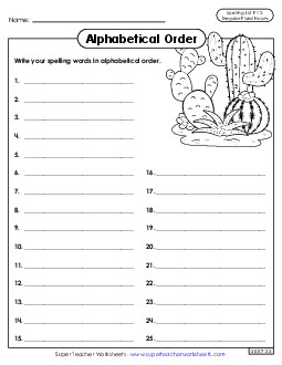 Alphabetical Order: Whole List (F-12) Spelling F Worksheet