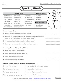 Question Worksheet (F-26)  Spelling F Worksheet