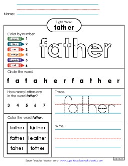 Worksheet 4: Father Sight Words Individual Worksheet