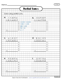 Graph Paper Addition (5-Digit, Partial Sums) Worksheet