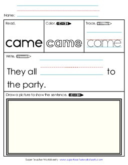 Worksheet 3: Came Sight Words Individual Worksheet