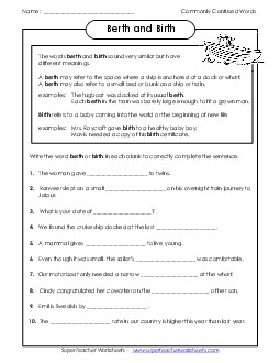 Berth and Birth  Commonly Confused Words Worksheet